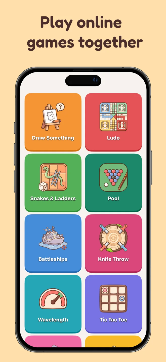Play online games together in Pookie: Draw Something, Ludo, Snakes and Ladders, Pool, Battleships, Knife Throw, Wavelength and Tic Tac Toe