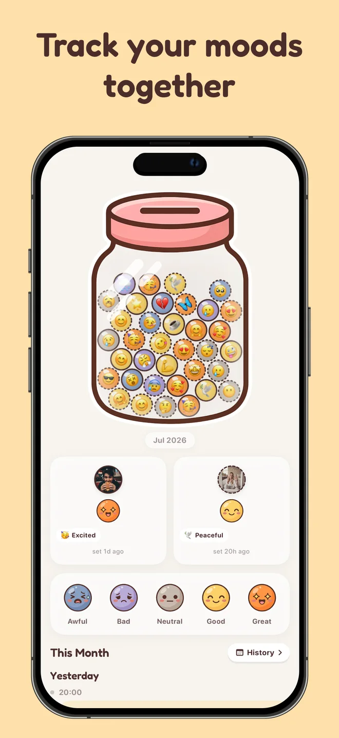 Track your moods together in Pookie: a shared monthly mood jar, both partners' current moods and a quick mood picker