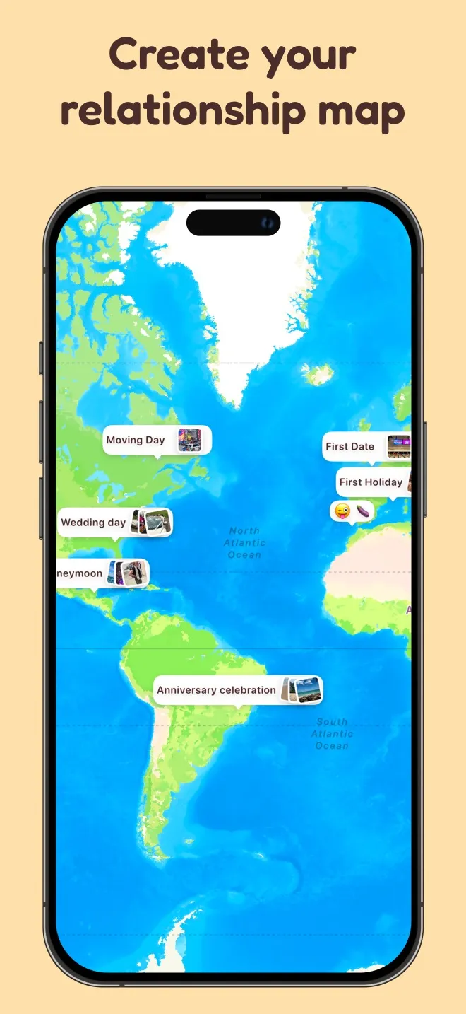 Relationship map pinning a couple's first date, first holiday, wedding day and honeymoon with photos