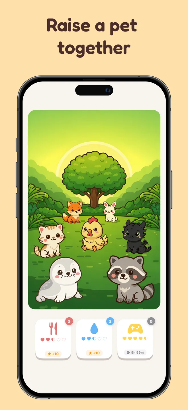 Raise a pet together in Pookie: cat, fox, duckling, seal, raccoon and dragon in a shared garden with feed, water and play buttons
