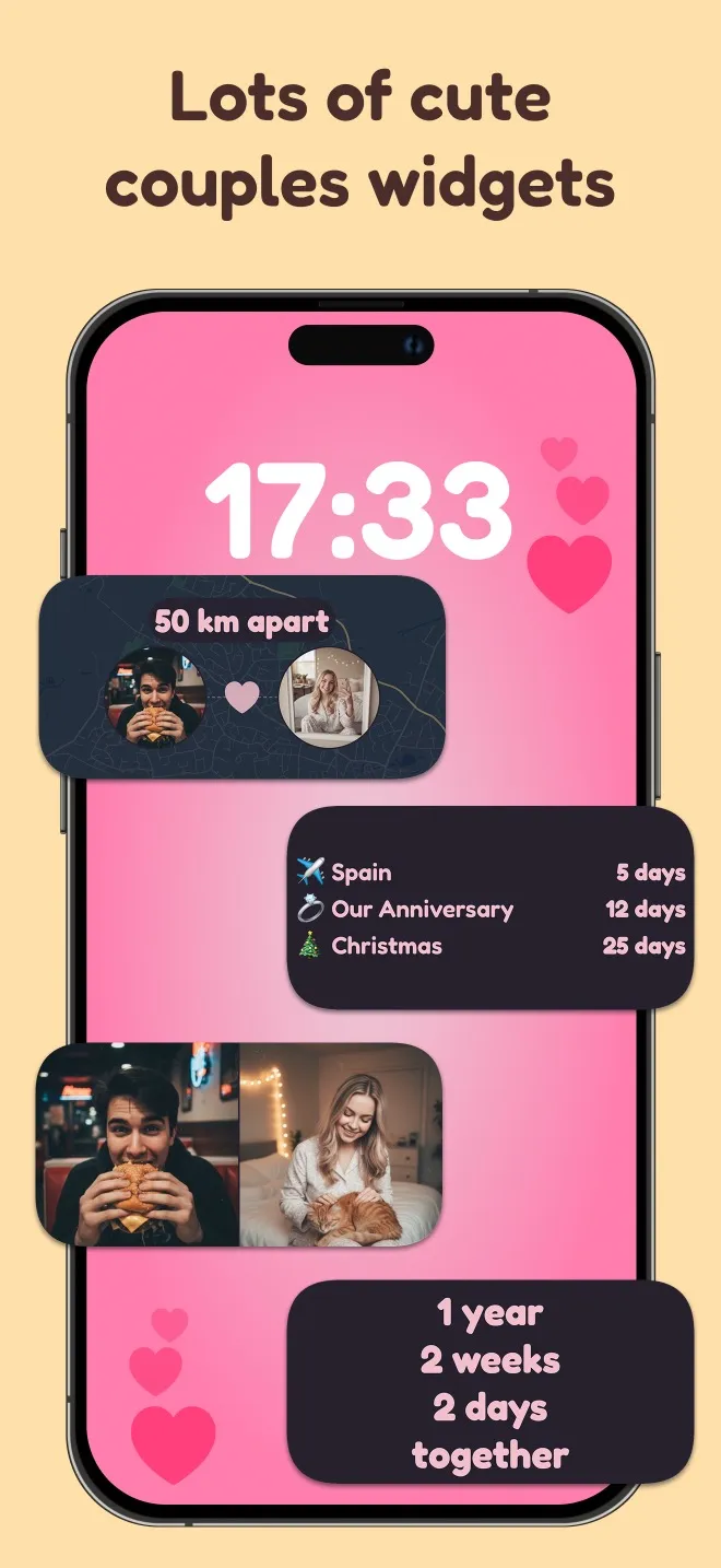 Cute couples widgets with distance tracker, countdowns, photos, and anniversary timer
